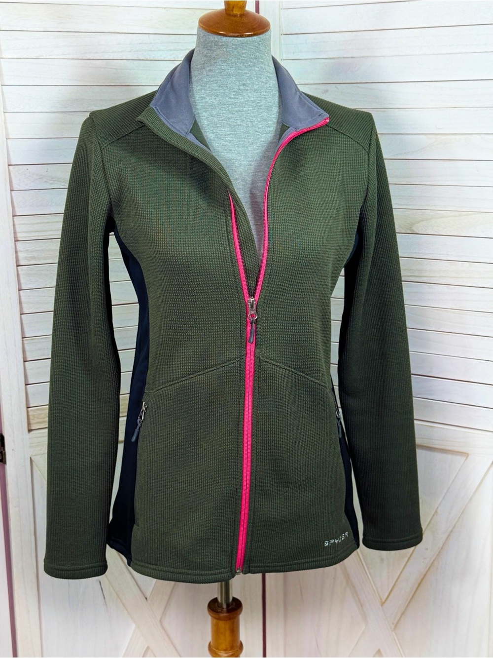 Spyder Bandita Full Zip Fleece Knit Jacket Green Pink Medium Outdoor Athletic